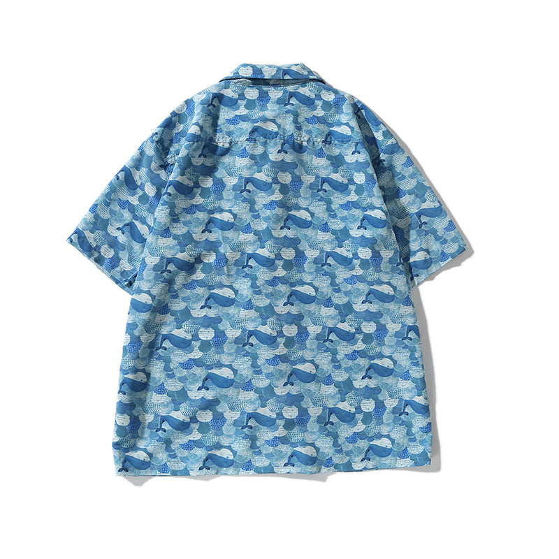 Hawaiian Ocean Wave Whale Print Aloha Shirt