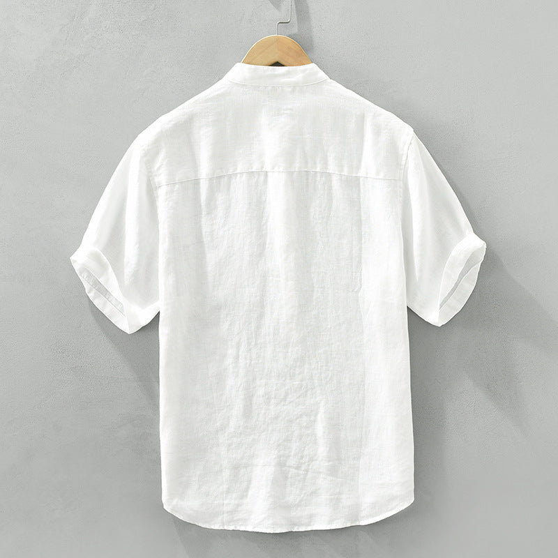Color-coordinated stand-collar linen shirt