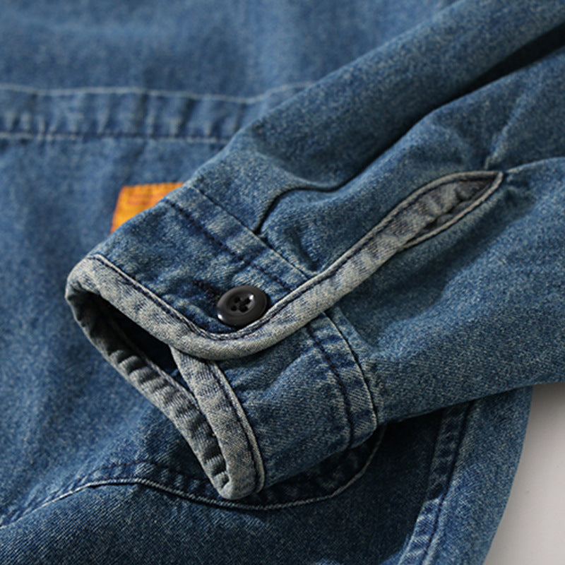 Color-coordinated button collarless denim jacket
