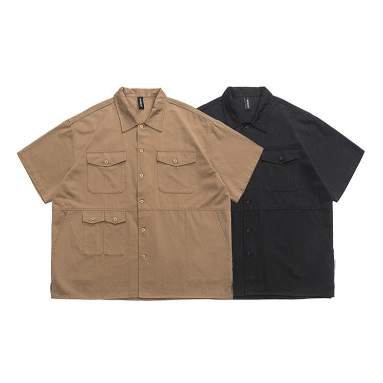 Plain multi-pocket work short-sleeved shirt