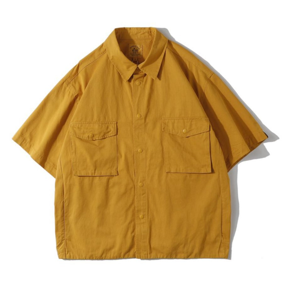 Retro plain large pocket work short sleeve shirt