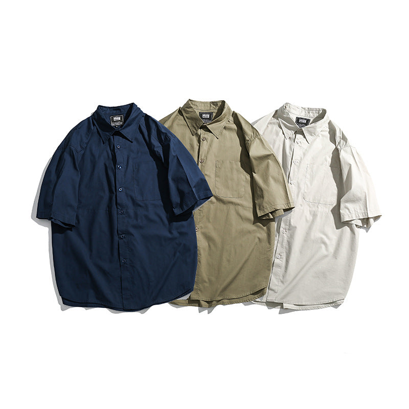 Retro plain loose work short sleeve shirt