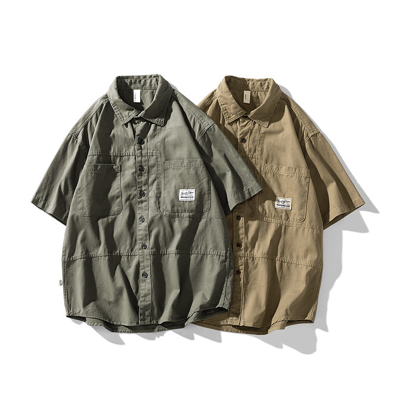 Retro plain large pocket work short sleeve shirt