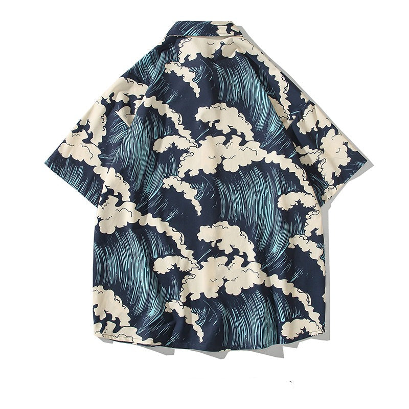 Retro "Wave" All-Over Print Aloha Shirt, Short Sleeve
