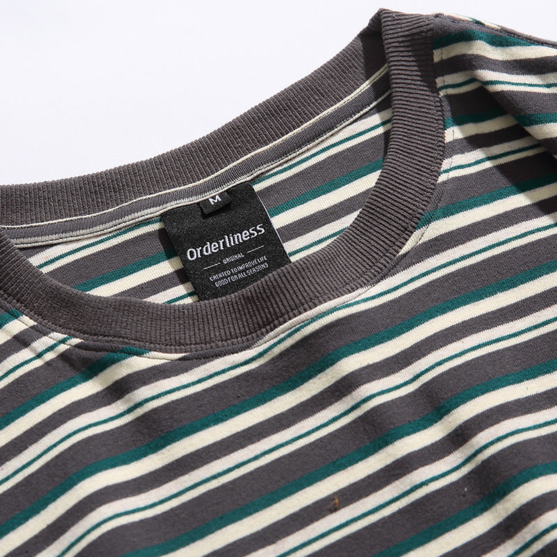 Retro Embroidered Horizontal Stripe Pocket T-Shirt