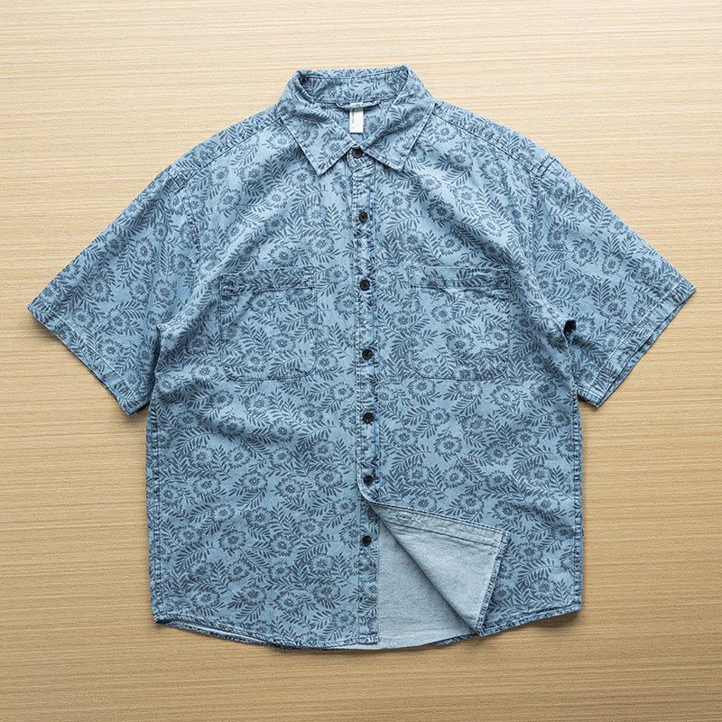 Denim blue all-over print short-sleeved shirt