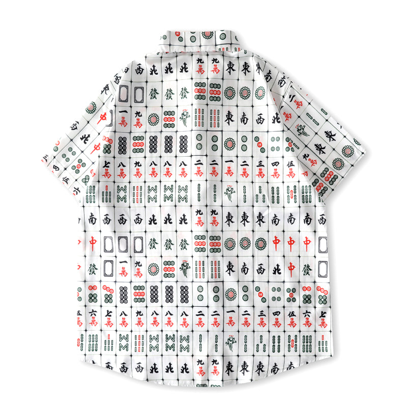 Mahjong print all-over breathable lightweight open-collar shirt