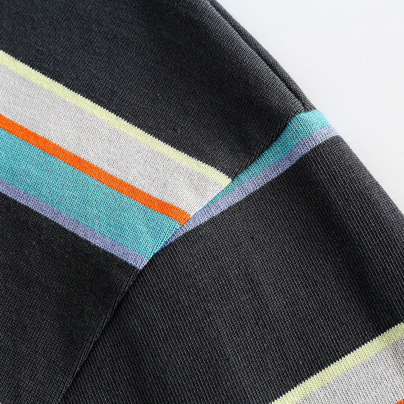 Color-coordinated striped embroidered long-sleeved hoodie