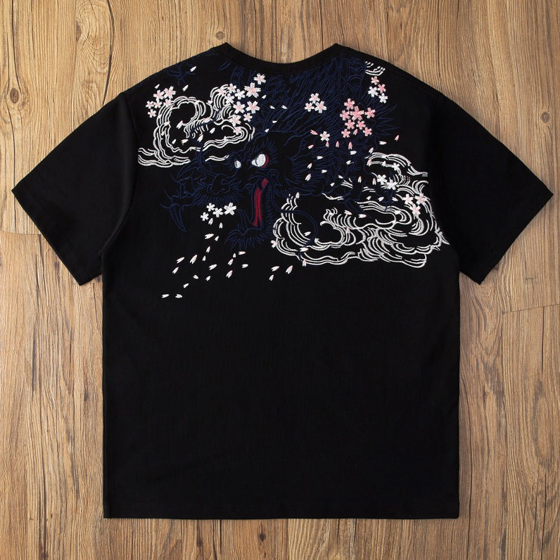 Yokosuka Dragon and Cherry Blossom Embroidered Short Sleeve T-Shirt