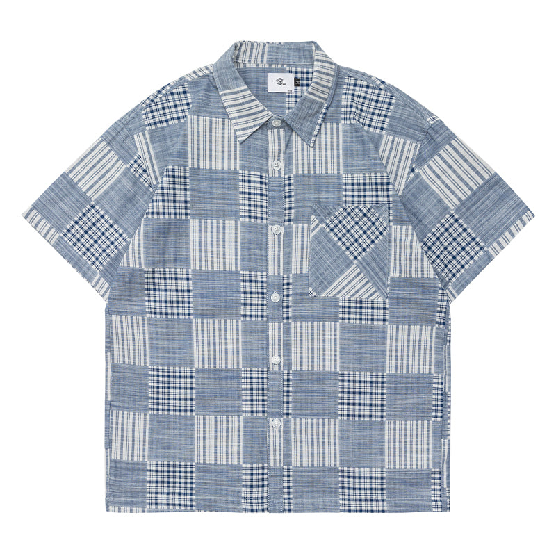 Check and stripe short-sleeved shirt