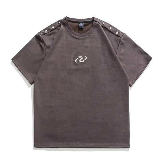 Embroidered rivet suede American casual T-shirt