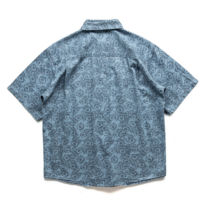 Denim blue all-over print short-sleeved shirt