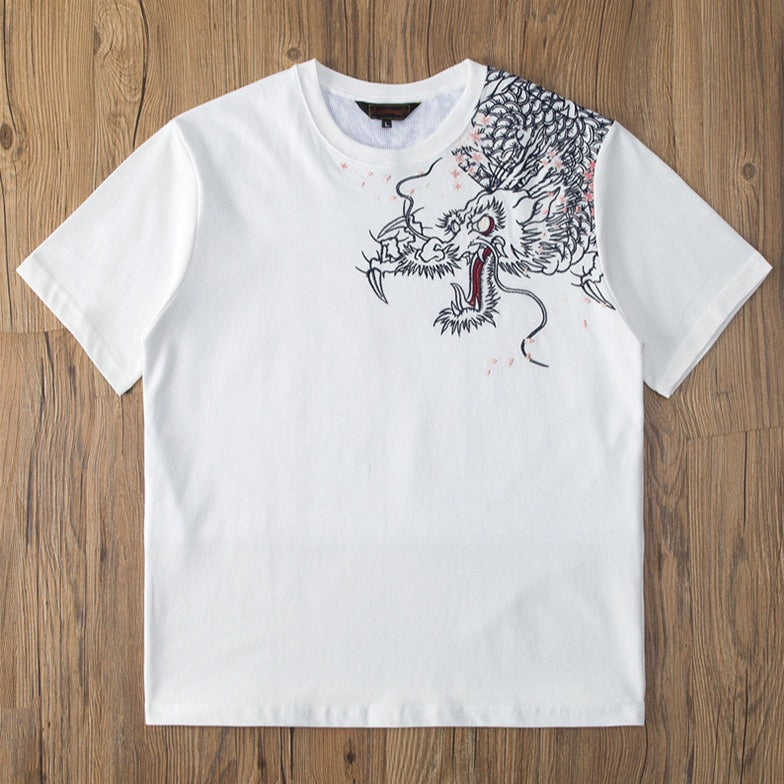 Yokosuka Dragon and Cherry Blossom Embroidered Short Sleeve T-Shirt