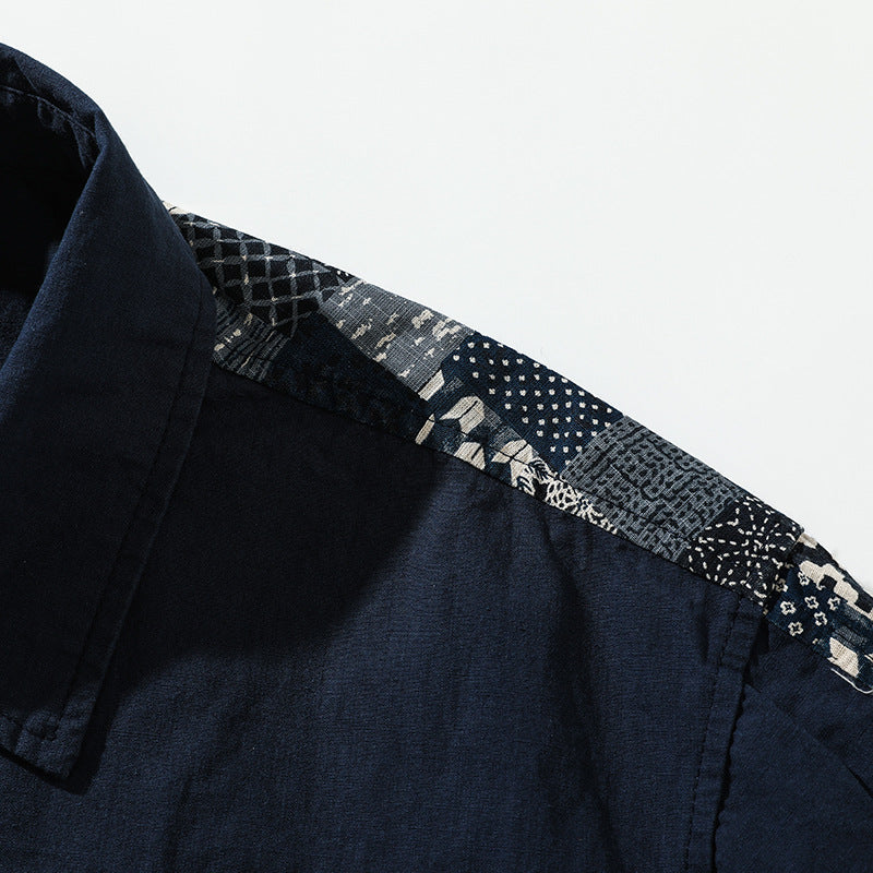 Chinese button long sleeve shirt with vintage patch pattern on the back