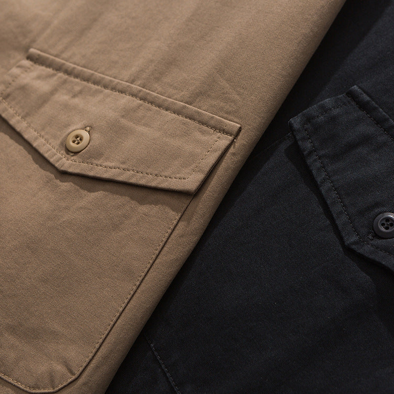 Plain multi-pocket work short-sleeved shirt