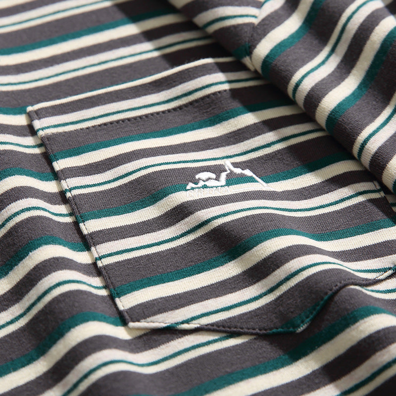 Retro Embroidered Horizontal Stripe Pocket T-Shirt