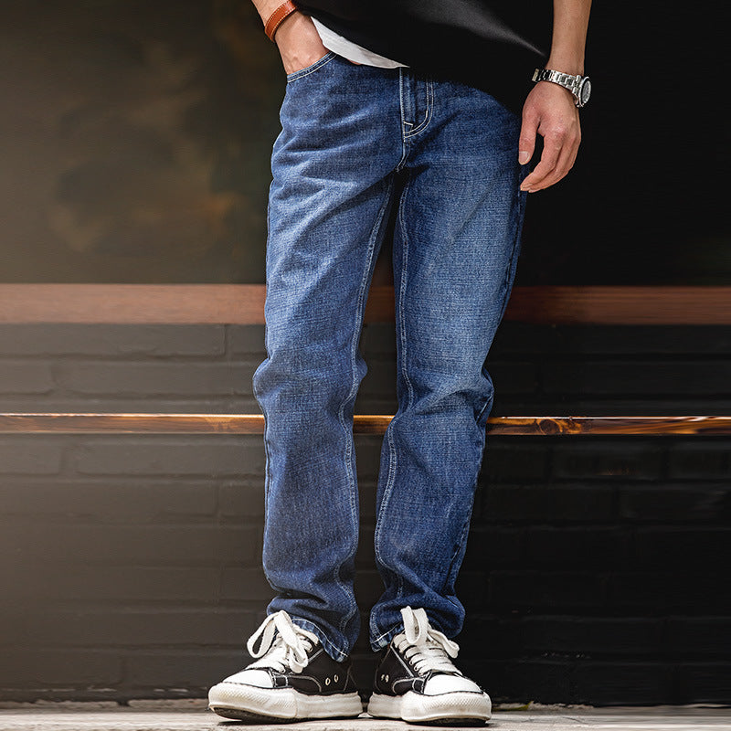 Straight slub denim pants with back cinch