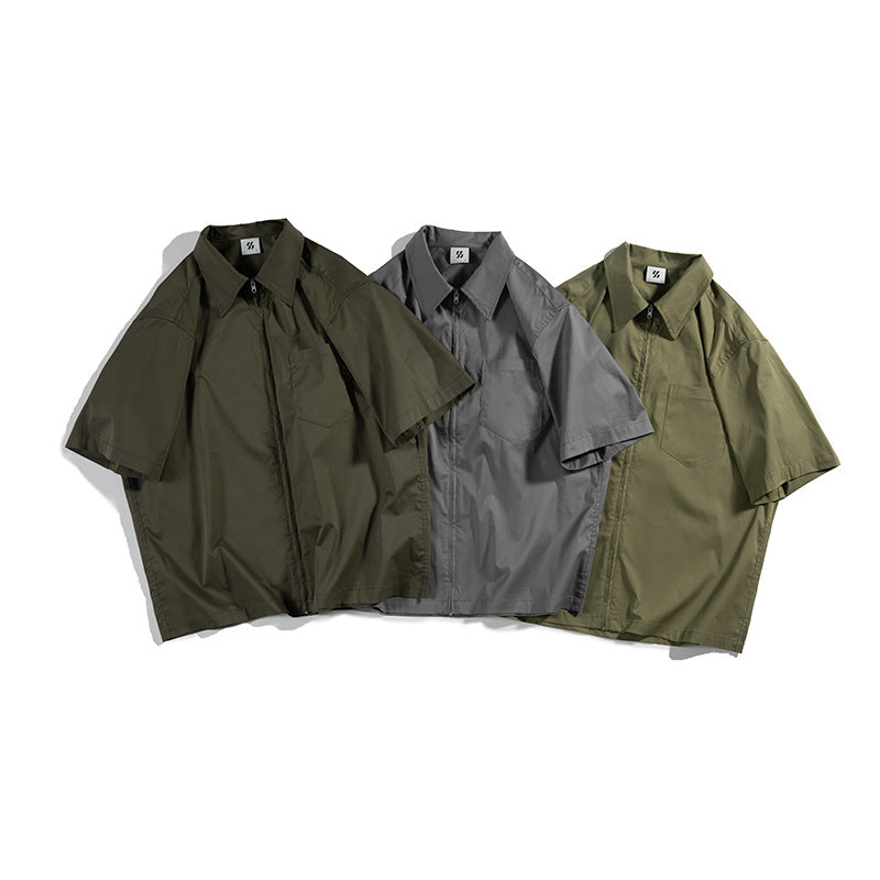Retro Zipper Solid Work Short Sleeve Shirt
