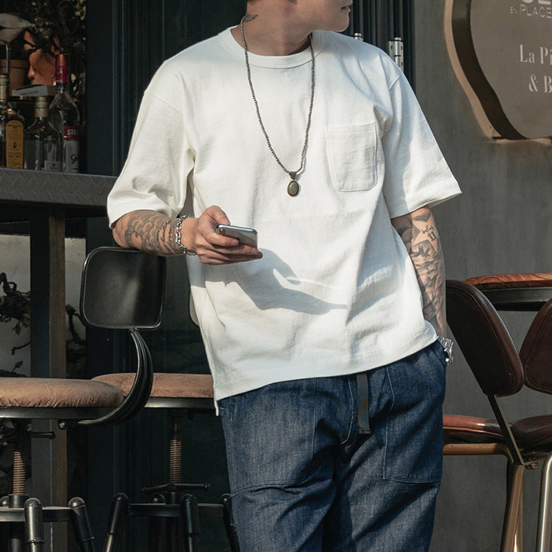 Plain roving cotton pocket tee in 4 colors