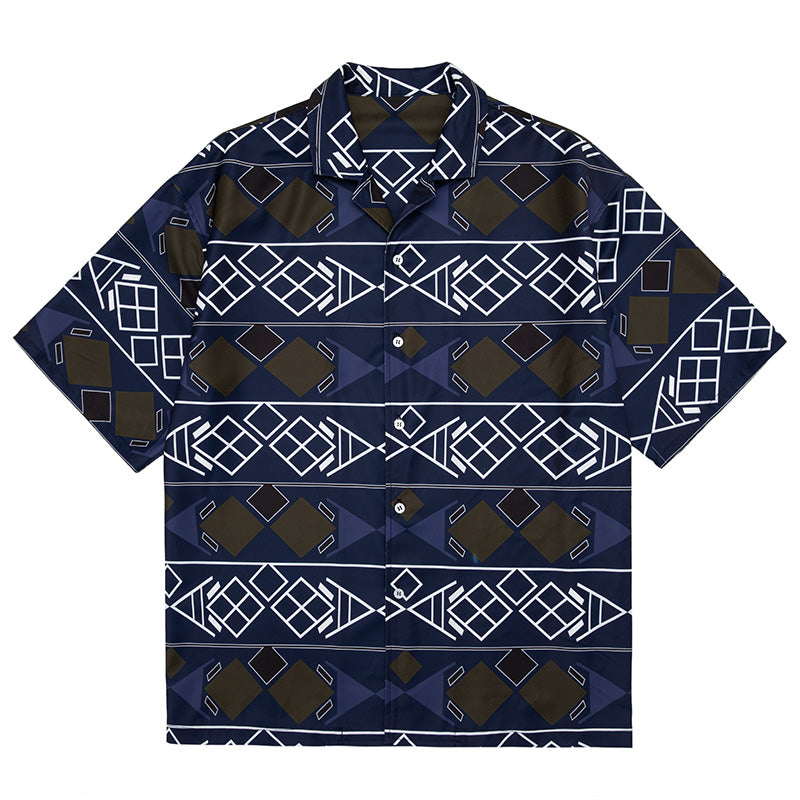 Ethnic-style all-over print Cuban collar short-sleeved shirt
