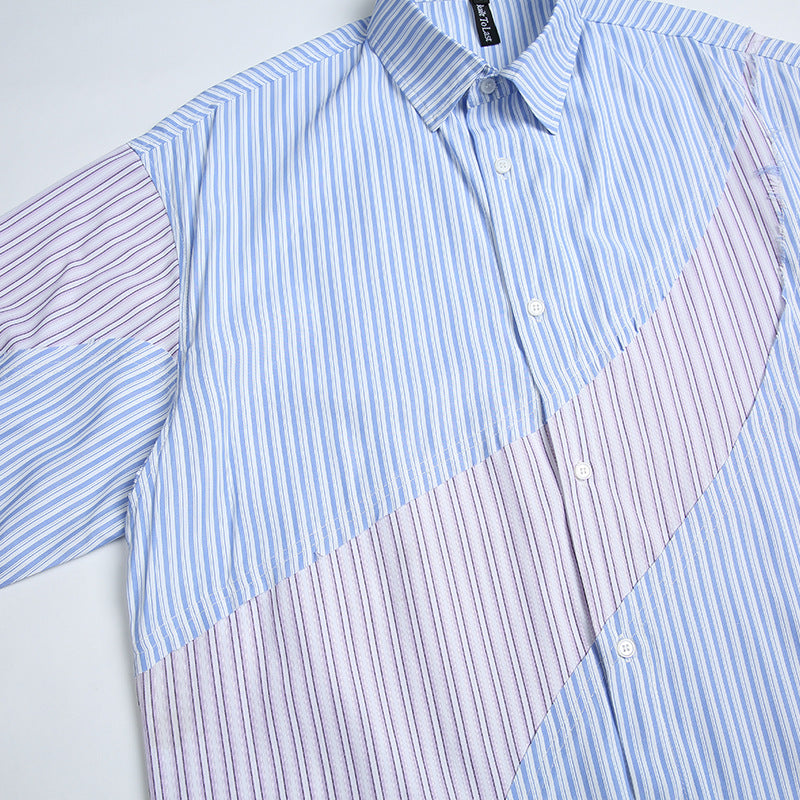 Reconstructed color-coordinated striped short-sleeved shirt