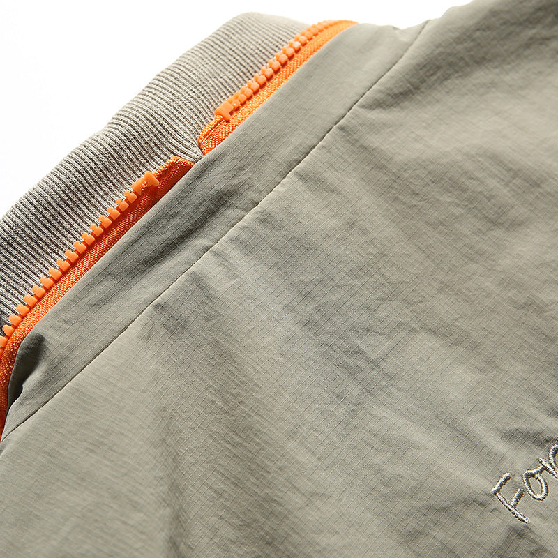 Color-coordinated zip-up checkered fabric flight jacket