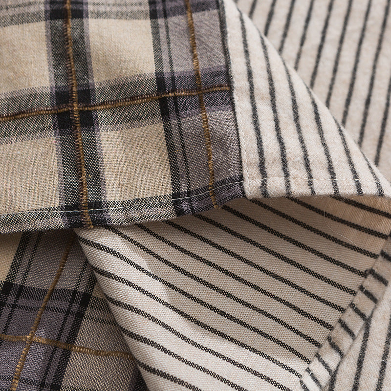 Reconstructed check and stripe combination long-sleeved shirt