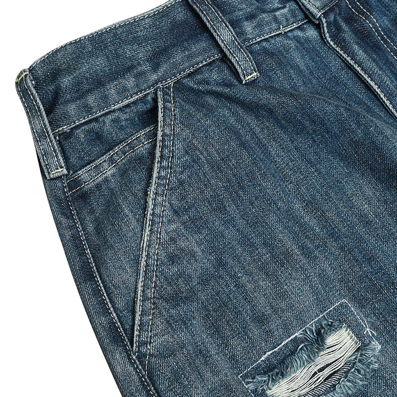 Retro distressed elastic waist denim pants