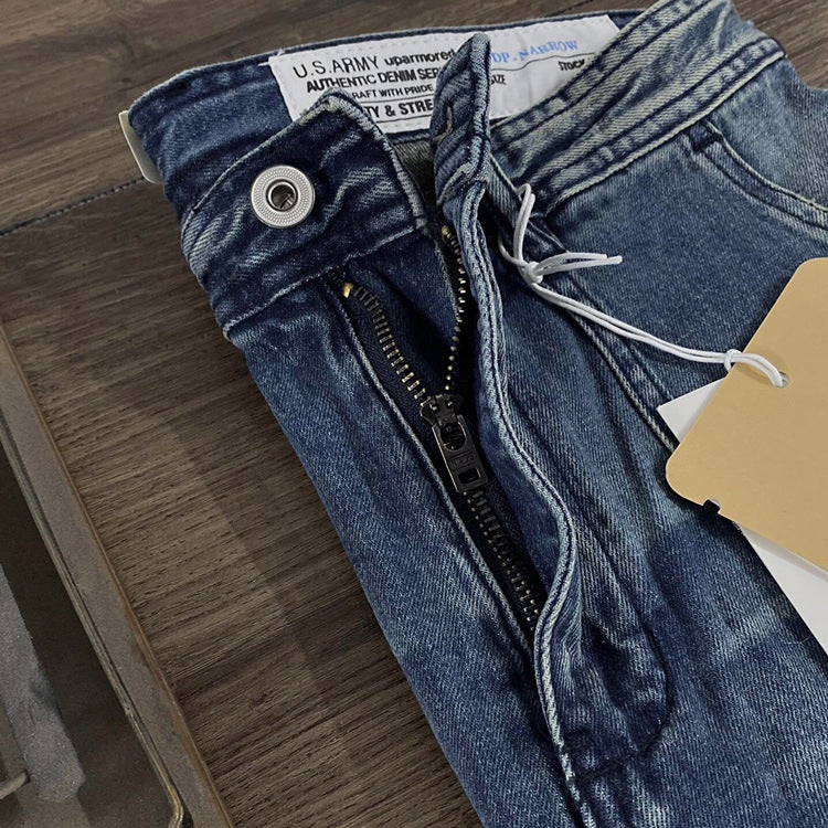 Whiskered and washed patch pocket denim pants