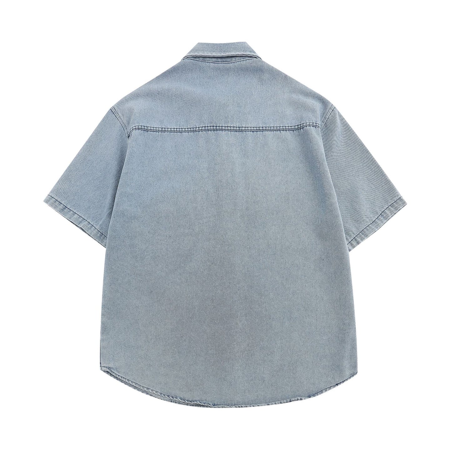 Distressed wash embroidered retro denim short sleeve shirt