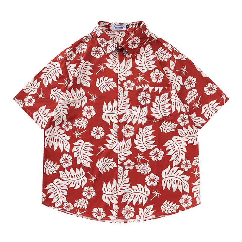 A must-see for fashion! Red leaf print short-sleeved shirt