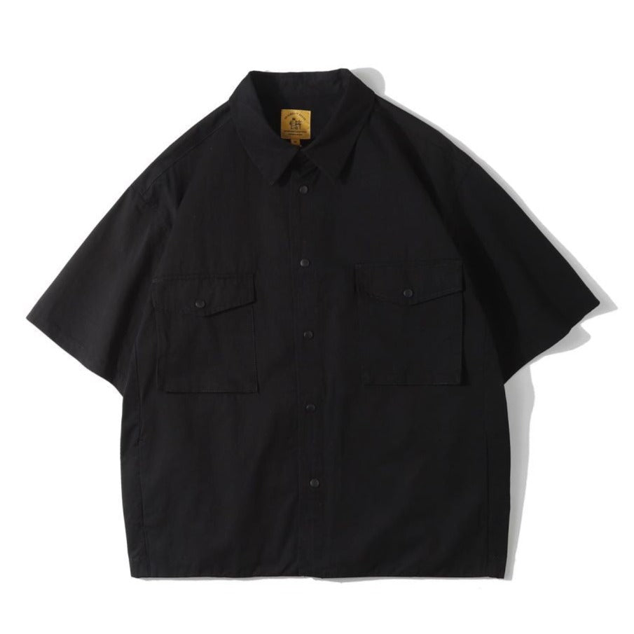 Retro plain large pocket work short sleeve shirt