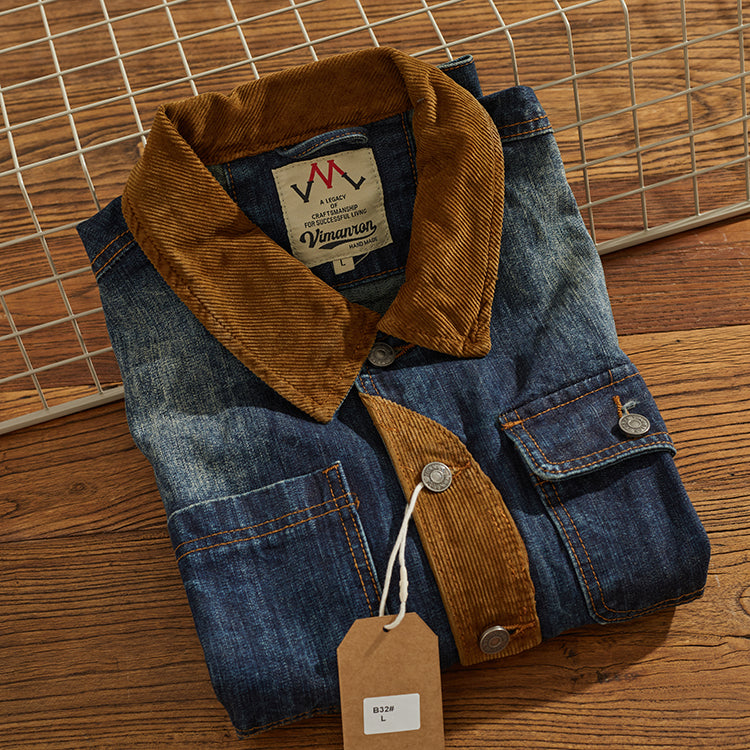 Corduroy-trimmed washed denim jacket