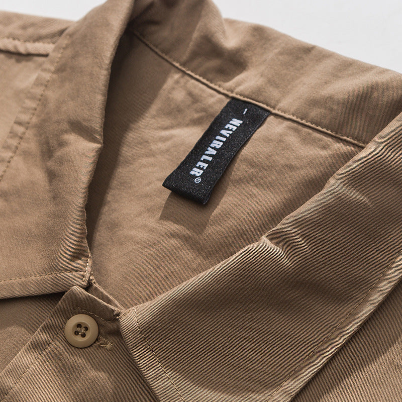 Plain multi-pocket work short-sleeved shirt