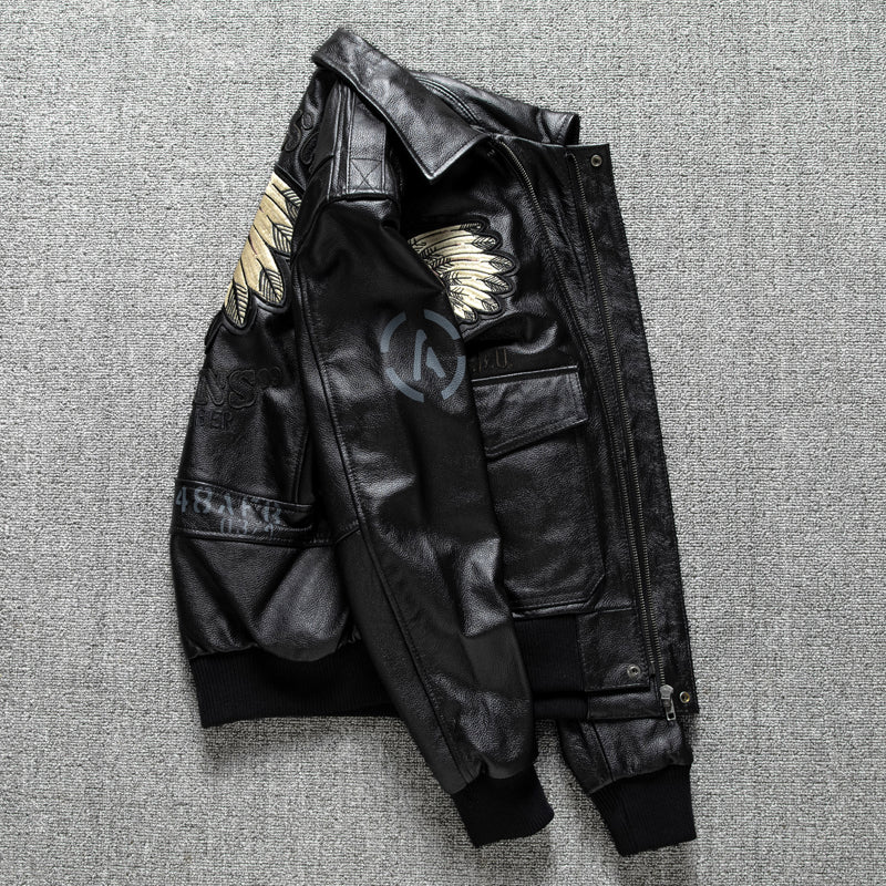 Leather flight jacket with Indian embroidery badge