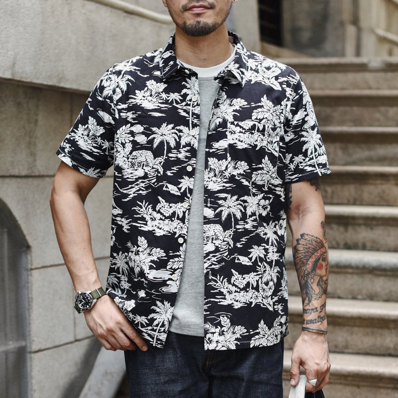 Choose from two botanical print aloha shirts