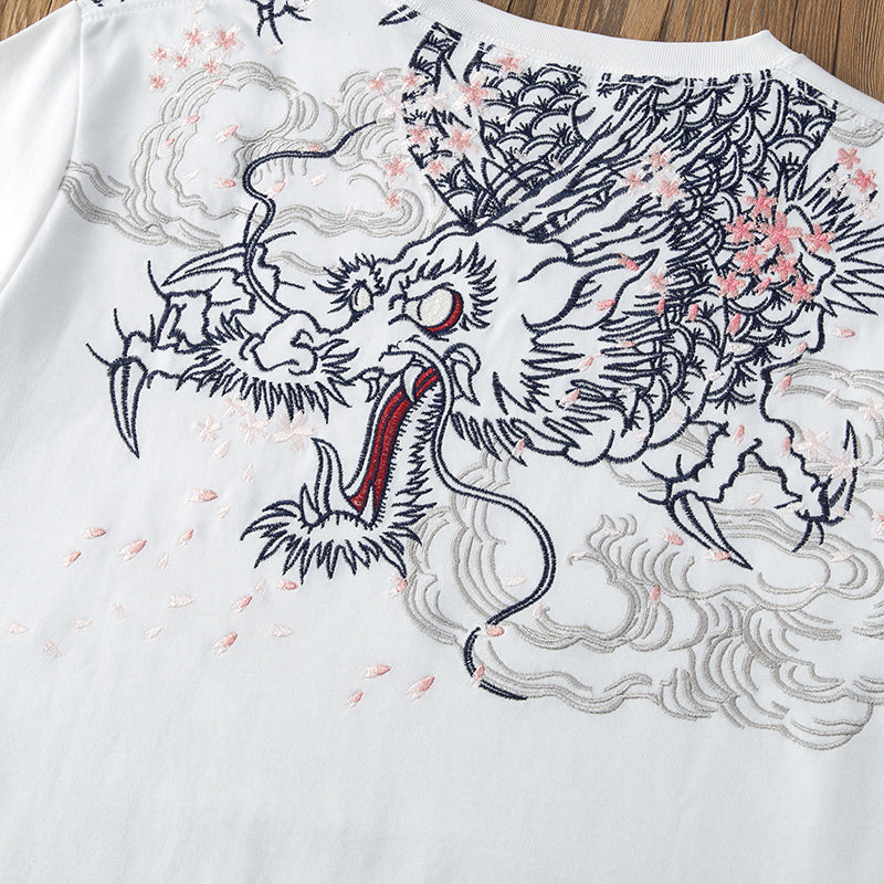 Yokosuka Dragon and Cherry Blossom Embroidered Short Sleeve T-Shirt