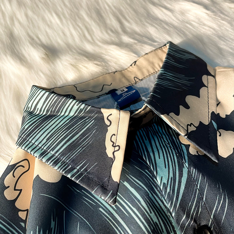 Retro "Wave" All-Over Print Aloha Shirt, Short Sleeve