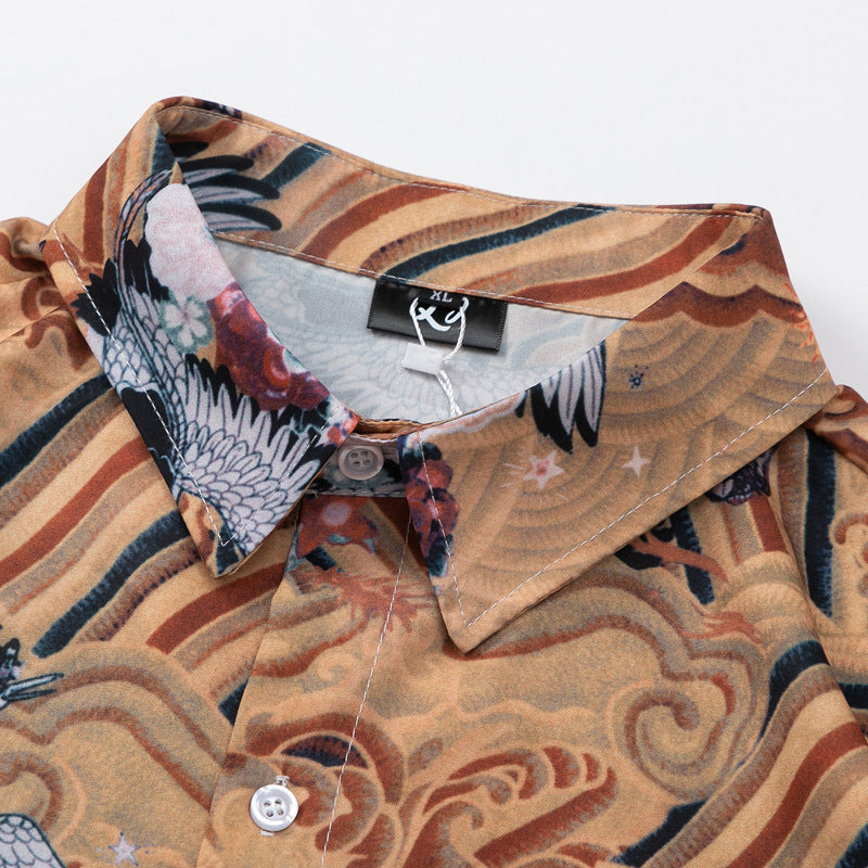 Ethnic "Crane" all-over print short-sleeved shirt