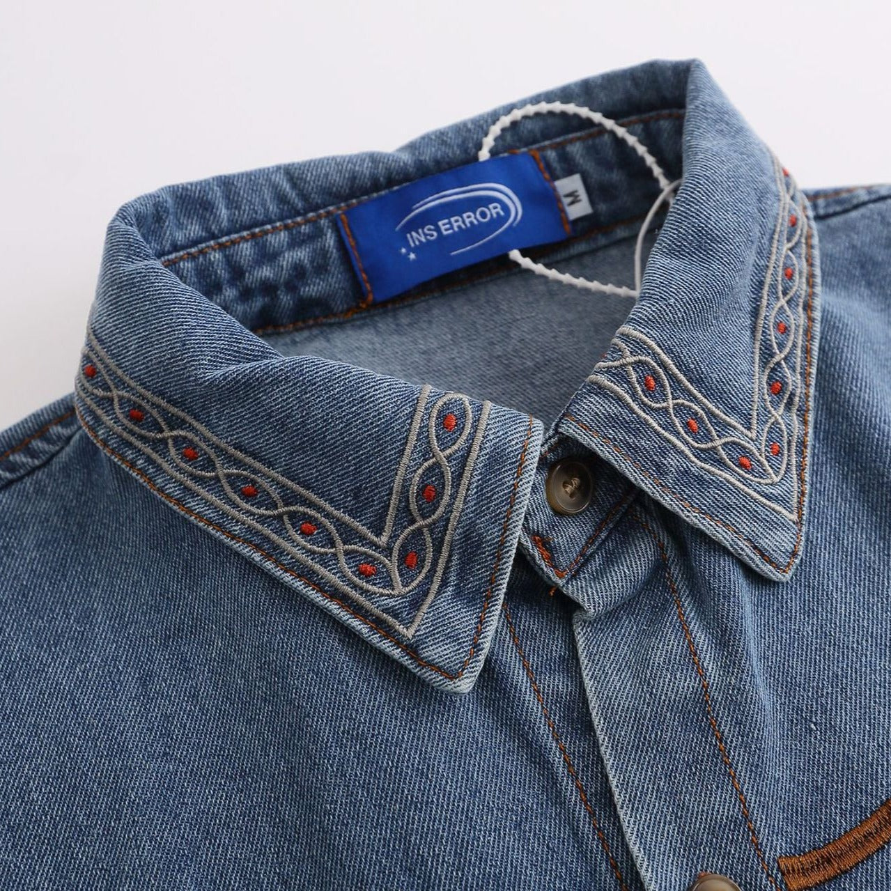 Palm tree embroidered retro denim short sleeve shirt