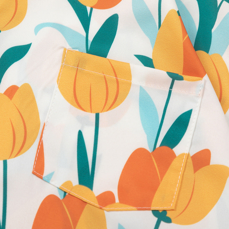 Holiday style tulip print short sleeve shirt