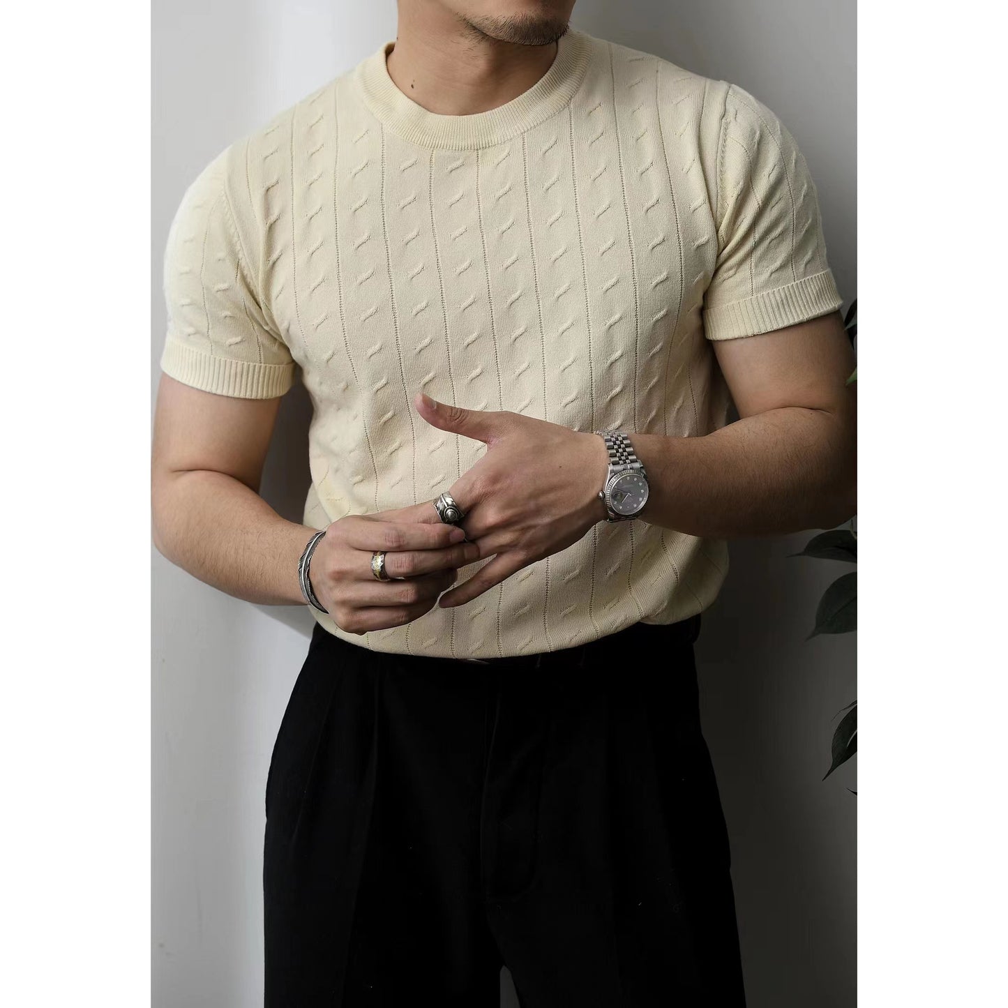 Slim American retro knit short sleeve T-shirt