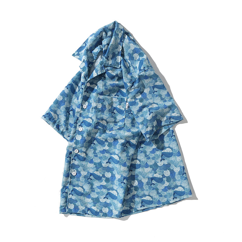 Hawaiian Ocean Wave Whale Print Aloha Shirt