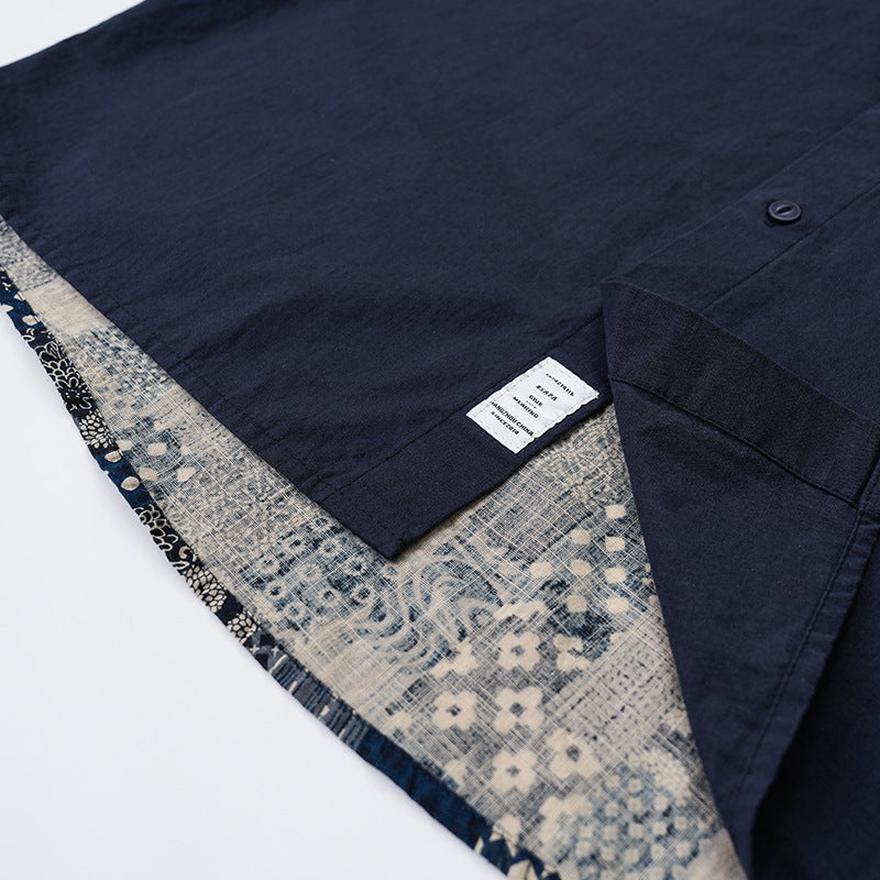 Vintage-style all-over pattern Chinese button-down shirt