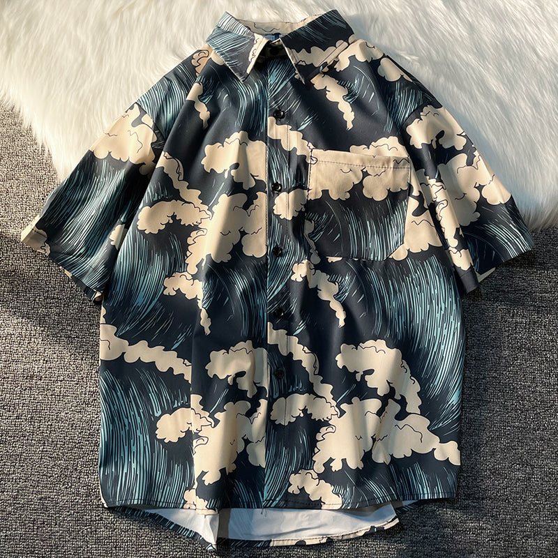 Retro "Wave" All-Over Print Aloha Shirt, Short Sleeve