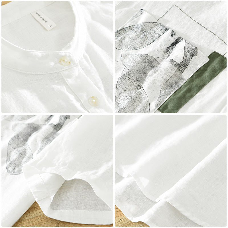 Color-coordinated stand-collar linen shirt