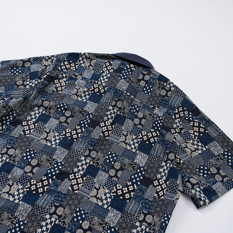 Vintage-style all-over pattern Chinese button-down shirt