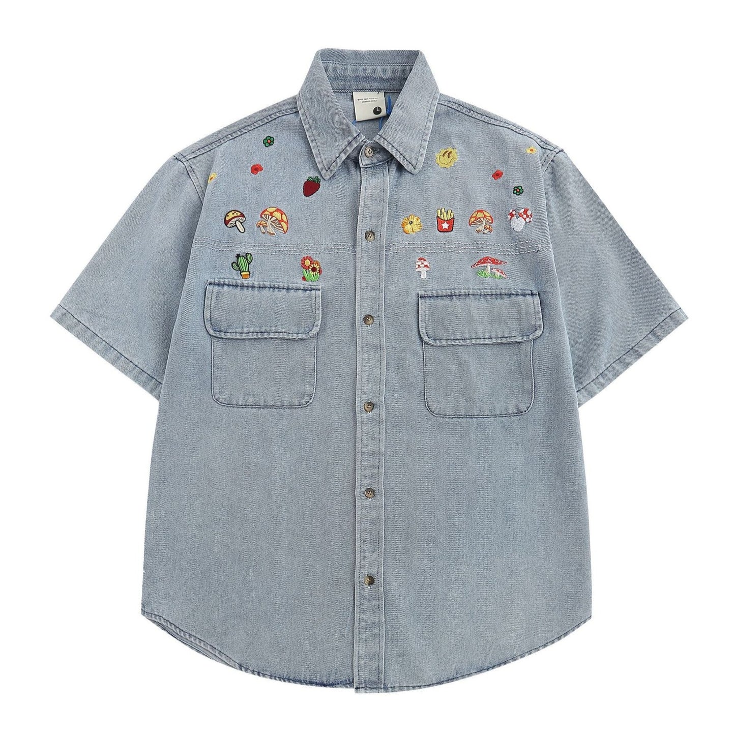 Distressed wash embroidered retro denim short sleeve shirt