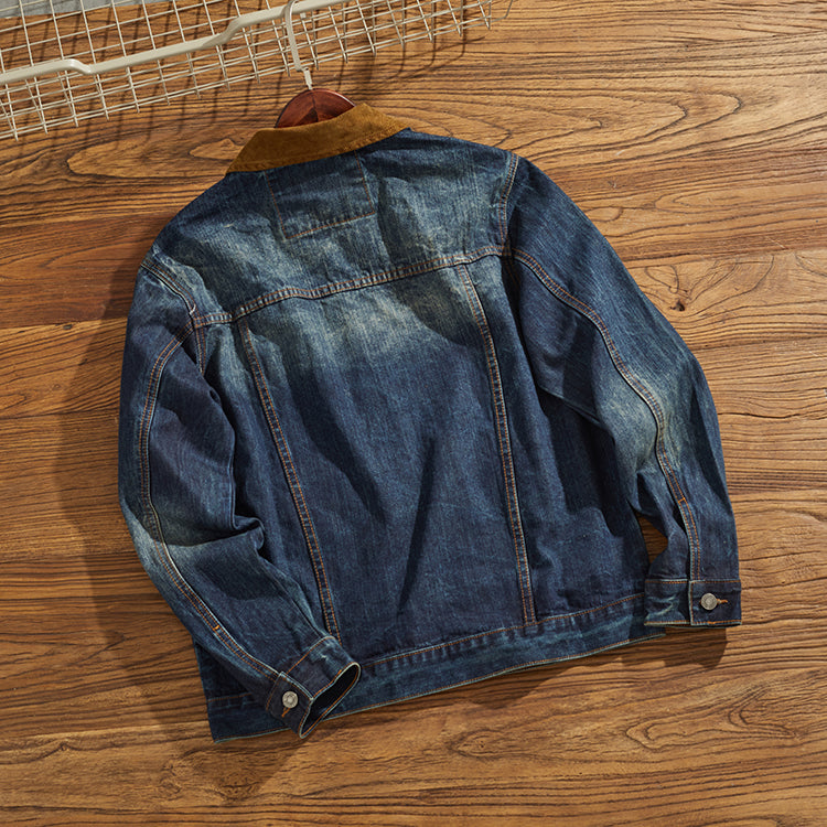 Corduroy-trimmed washed denim jacket