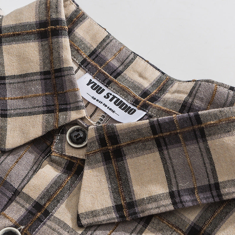 Reconstructed check and stripe combination long-sleeved shirt